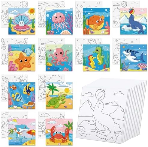 Anseal 12 Packs Pre Drawn Canvas to Paint, 4" X 4" Ocean Pre-Printed Paint Party, Pre Stretched Canvas Outline Painting Boards for Beginners, Party Favor