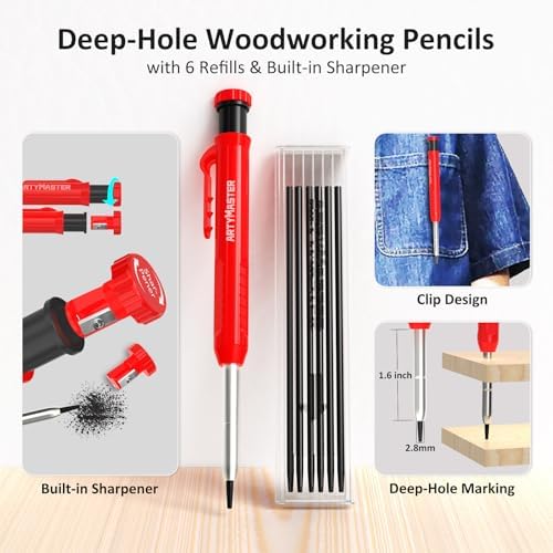 3.8＂Mini 3D Multi-Angle Measuring Square Ruler, WT102A High Precision Hole Scribing Woodworking Tools, 0-90° Aluminum Alloy Carpenter Square Wood Working Tools, Carpenter Pencils 6 Refills.