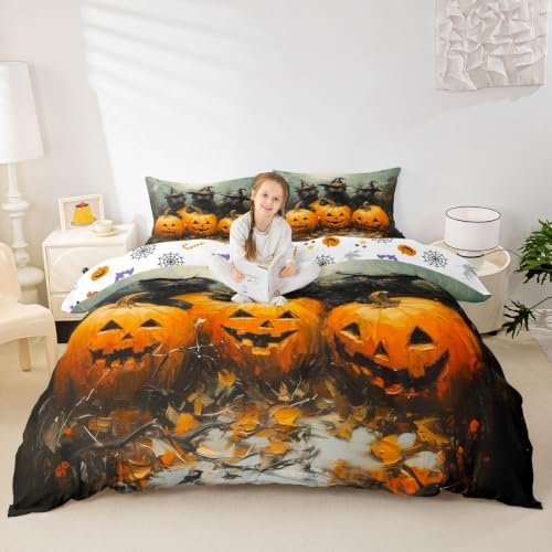 Erosebridal Halloween Black Cat Duvet Cover Queen Size Witch Hat Pumpkin Bedding Set for Adults Teens Women Horror Halloween Comforter Cover Vintage Oil Painting Bedclothes Room Decor