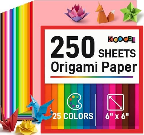 Koogel 250 Sheets 6" X 6" Origami Paper Double Sided Color | 25 Assorted Colors Colored Paper, for Kids Folding Crafting Scrapbooking, Classroom Teacher Supplies, Beginner