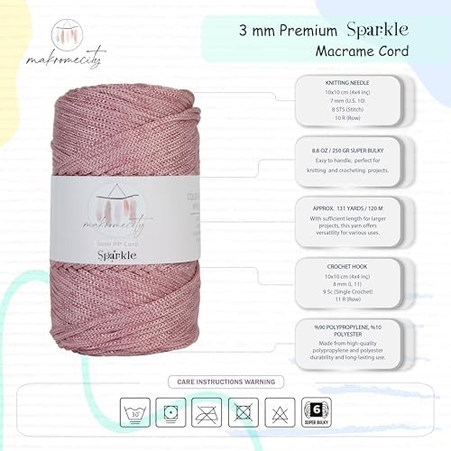 Makromecity Sparkle Polypropylene Macrame Cord 3mm x 131 Yards (394 feet) Premium Polyester Macrame Cord for Macrame Art & Crafts for Wall Hangings, Bags, Underplate, Rug