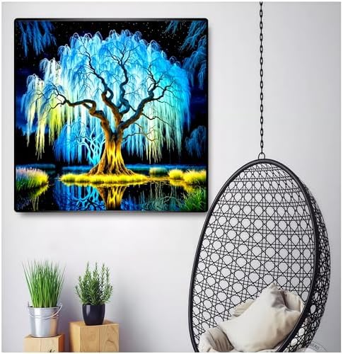 Blue Tree Diamond Art Kits for Adults, 5D Diamond Painting for Adult Beginners, DIY Full Drill Round Gem Painting Dot Art for Adults，Home Wall Decor 13.78x13.78 Inch