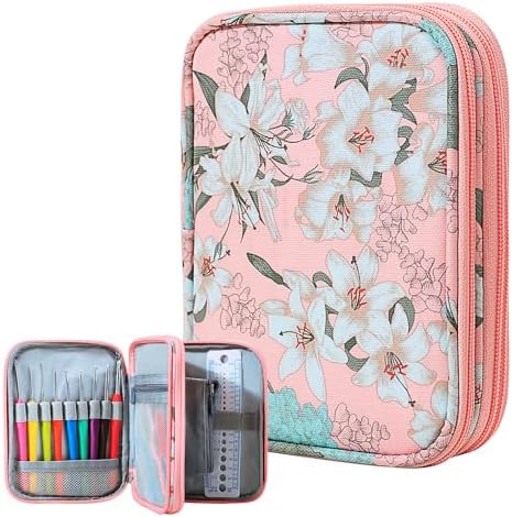 Crochet Hook Case, Zipper Storage Organizer Bag with Web Pockets for Crochet Needles/Knitting Accessories/Crochet Hook Kit Tools, Lightweight, Easy to Hold