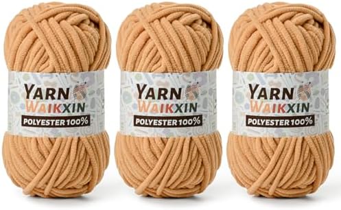 3 Khaki Soft Chenille Yarn for Crocheting, Fluffy Chunky Crochet Yarn for Baby Blanket, (10.58oz/393yds) Fuzzy Velvet Yarn for Amigurumi&DIY Puzzle、Crafts、Scarf