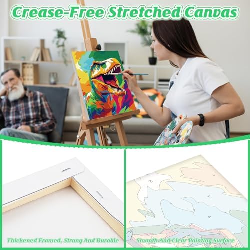 KEYIFA Paint by Numbers for Adults on Framed Canvas - with Wooden Easel, Colorful T-Rex Painting by Number Kit for Beginners, DIY Cartoon Acrylic Paint-by-Number Kits for Home Wall Decor (8x12 inch)