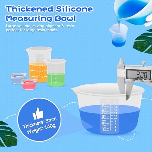 Silicone Resin Mixing Measuring Cups for Resin Supplies, 600ml/20oz Bowl, 250 & 100ml Thickened Reusable Silicone Cups for Epoxy Mixing, with Stir Sticks and Pipettes, Jewelry Making