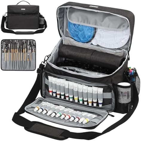 Acrylic Paint and Brush Set Organizer Bag - Carrying Case Compatible with Apple Barrel, Shuttle Art, Caliart Art Supplies - Includes Detachable Paint Brush Holder - for Home/Travel/Outdoor (Pro Black)
