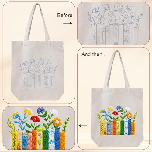 Louise Maelys Book and Flowers Embroidery Kit Canvas Tote Bag for Beginners