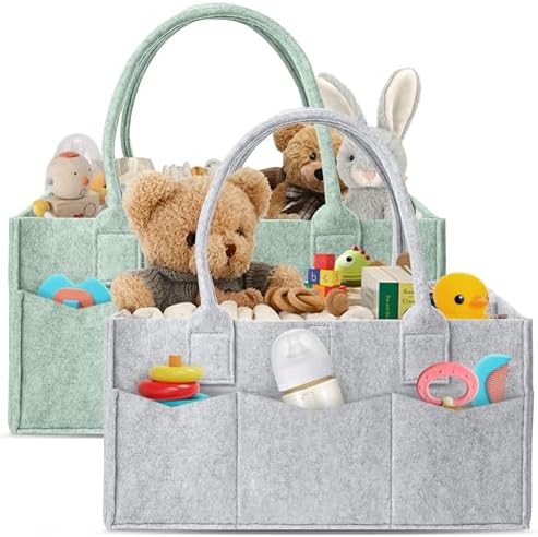 HIPHOP PANDA 2-Pack Diaper Caddy Organizer - Nursery Storage Bin & Car Organizer for Diapers, Wipes, and Baby Essentials - Dual-Color Solid Set (Grey/Green), Regular Size