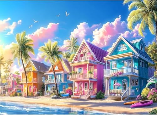 GEWOUVIN Beach House Diamond Art Kits for Adults,Diamond Painting Kits for Adults Beginners, DIY Full 5D Round Drill Gem Art Kits for Gift Home Wall Decor【15.7x11.8inch】