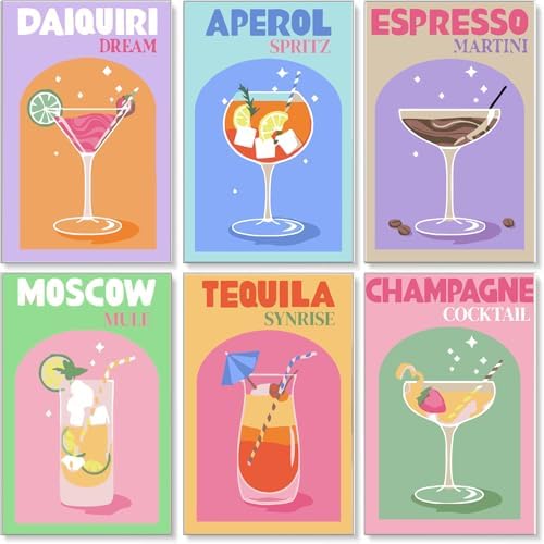 Jethami 6 Pack Vintage Cocktail Paint by Numbers Kit for Adults 8 x12in | Easy to piant for beginners, Diy art craft, Relaxing & Stress relief, High definition canvas, Home wall decor, Vivid colors