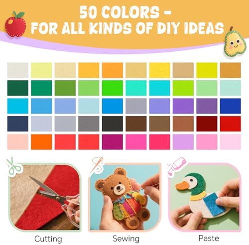 moinkerin 50Pcs Felt Sheets for Crafts with Thread 8"x12" Felt Fabric Sheets Assorted Colors 1mm Stiff Felt for Crafting DIY Handwork Sewing Patchwork (50 Colors)