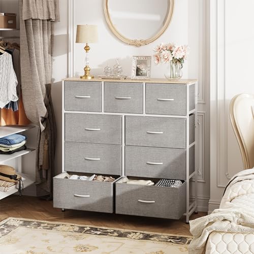 WLIVE Tall Dresser for Bedroom, 9 Drawer Chest of Drawers, Light Grey | 9 roomy fabric drawers, Tall storage design, Bedroom or closet use, Sturdy steel frame, Smooth wood tabletop