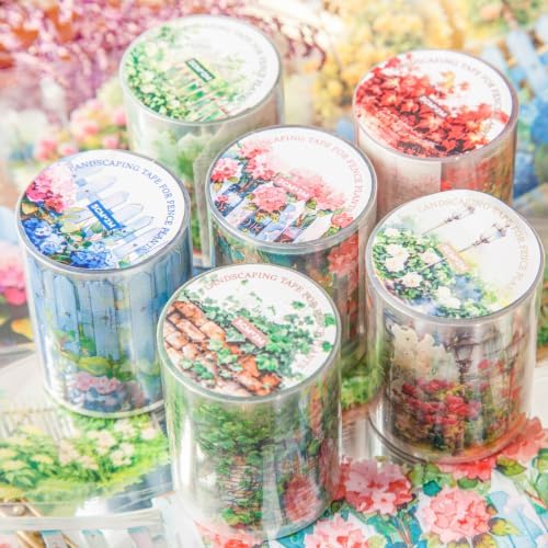 PET Tape Stickers for Journaling 6 Rolls Flower Washi Tape Stickers Decorative Tape for Crafts Scrapbooking Junk Journal Supplies, Plants Fence
