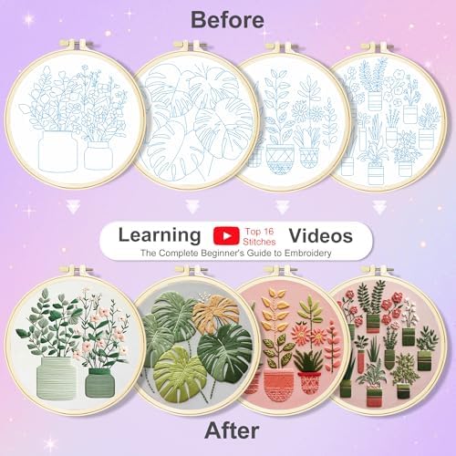 Huacan Embroidery Kit for Adults Beginners with 4 Hoops & Gift Box