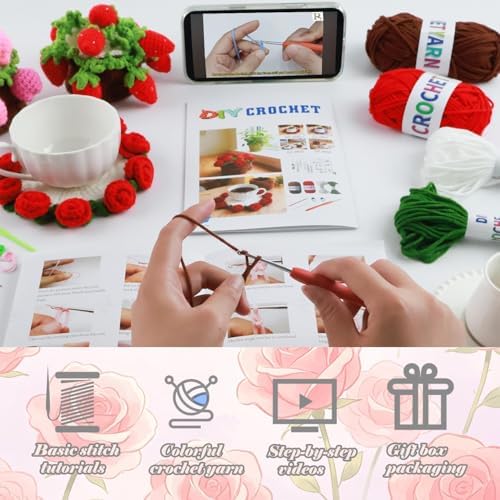 Yarniss Rose Flower Coaster Crochet Kit + Video Guide, Beginner Set