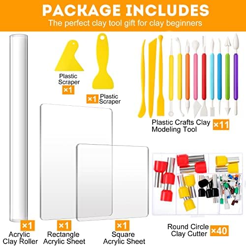 57 Pcs Clay Sculpting Tools Kits Polymer Clay Tools DIY Set with Roller | Clay Roller, Acrylic Sheets, Backing Board, Scrapers, for Polymer Clay Crafts, Art Sculpting, Shaping and Modeling Projects