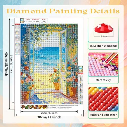 Beach and Flower Diamond Art Kits for Adults, Diamond Painting Kit Adults for Beginners, Round 5D DIY Dimond art,Full Drill Painting Kit Art and Crafts for Adults Home Wall Decor【11.8x15.7inch】