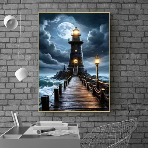 VeGuude Diamond Art Lighthouse Kits for Adults,Dark Night 5D DIY Full Square Drill Diamond Painting Kit,Seaside Storm Scenery Diamond Art Gem Painting for Gift Home Wall Decor (12x16 inch)