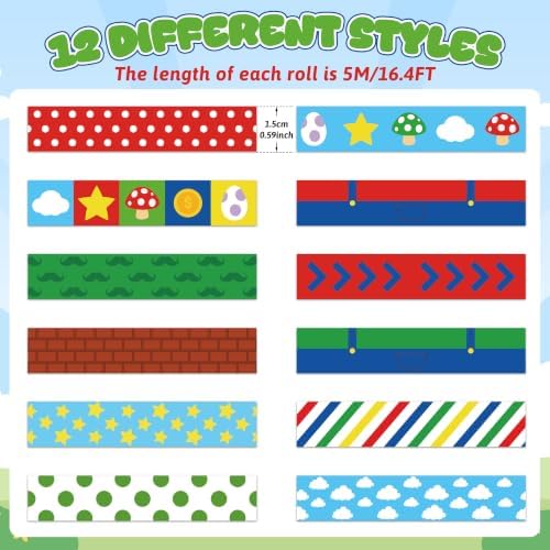 Video Game Washi Tape - 12 Rolls Cartoon Pixel Decorative Tape Set