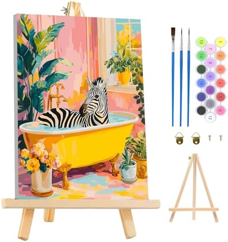 MAXBYE Framed Paint by Numbers Kit for Adults, Zebra in Bathtub Canvas Painting by Number with Wooden Easel, DIY Acrylic Craft Art Kits with Tools for Beginners Gift Home Wall Decor 10×14 in