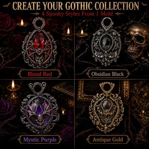 4-Cavity Gothic Bat Pendant Resin Silicone Mold with Hanging Hole, Vintage Frame Bat Epoxy Resin Casting Mould for DIY Necklace Charm, Halloween Gothic Jewelry Making Craft Supplies (BF03)