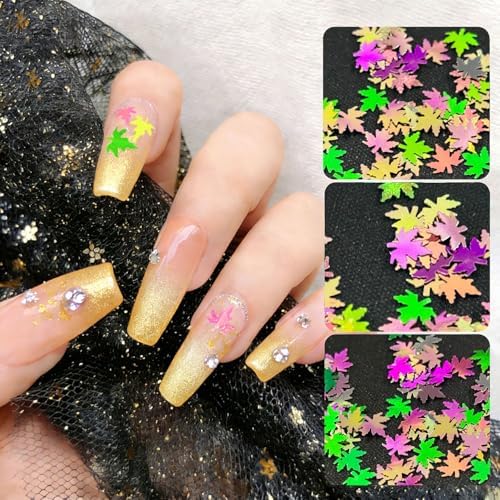 Multicolor Glitter Maple Leaves Sequins Accessories for DIY Journal, Shiny PVC Maple Leaves Confetti for Party Decorations, Mini Leaf Sequins Accessories for Drawing Notebooks.Pink Green Yellow