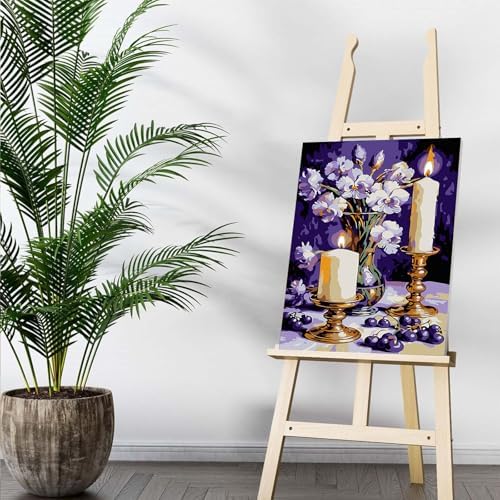 Auremi Purple Flower Framed Paint by Number for Adults,DIY Candle Painting by Number Kits on Canvas Acrylic Oil Painting Kits for Adults Paint by Number Kits for Home Decor 20x30cm