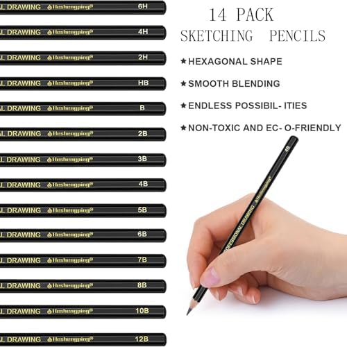 Heshengping, Sketching Pencil Drawing Pencils Set-26pcs, Art Supplies Drawing Kit,Graphite Charcoal Pro Draw Pencil Set,gift for Adults Beginners Artist for drawing sketching