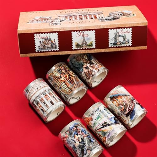 6-Roll Pre-Cut Travel Diary Wide PET Washi Tape Set - Transparent Scrapbooking Supplies, Journaling, and Crafting - Decorative Stickers, Planner Arts, and Collage