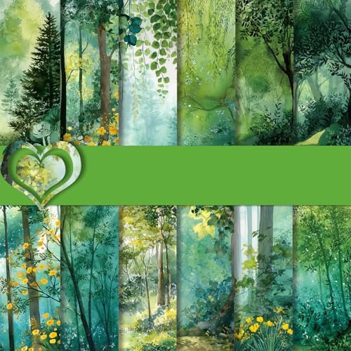 Green Forest Scrapbooking Paper Pad - 24 Sheets 6'' x 6'' Aesthetic Scenery Patterned Decorative Collage Decoupage for Wrapping Folded Supplies Gift Cardstock DIY Crafts Photo Album