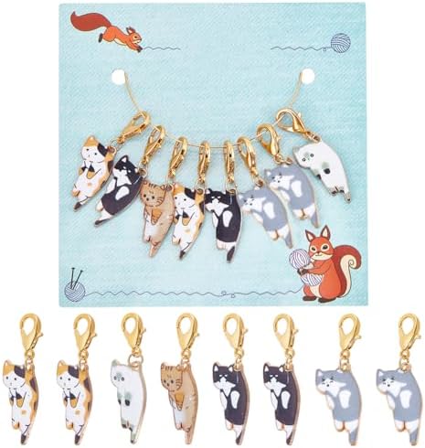 NBEADS 8 Pcs Cat Stitch Markers, Alloy Enamel Crochet Stitch Marker Charms Locking Stitch Marker with Lobster Claw Clasps for Knitting Weaving Sewing Accessories Quilting Jewelry Making