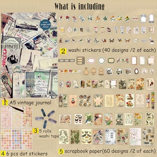 SaFeHoM 212 Pcs DIY Vintage Journal Set for Women Gifts Scrapbook Diary Supplies including Aesthetic Journals, Scrapbook Paper, Washi Stickers, Tape, Dot Stickers