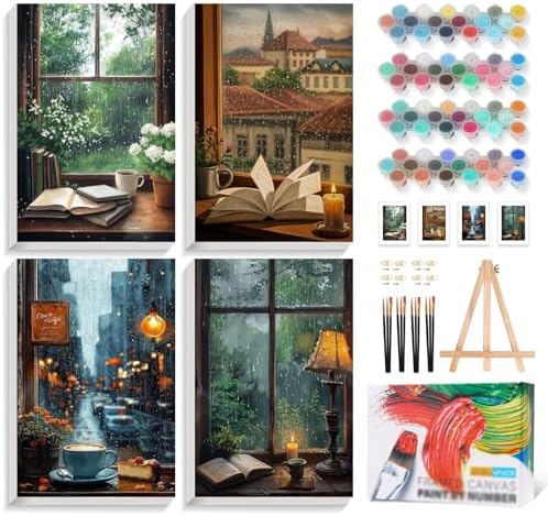 4 Pack Framed Paint by Numbers Kit for Adults Window View, Wooden Easel | With Frame, Book Lovers DIY Acrylic Painting, For Adults Beginner, Stress Relief Craft Kits, Home Wall Decor Gift, 8x12 IN