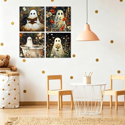 4 Pcs Halloween Paint by Numbers Kit for Adults with Frame (Ghost, 8x8 In)