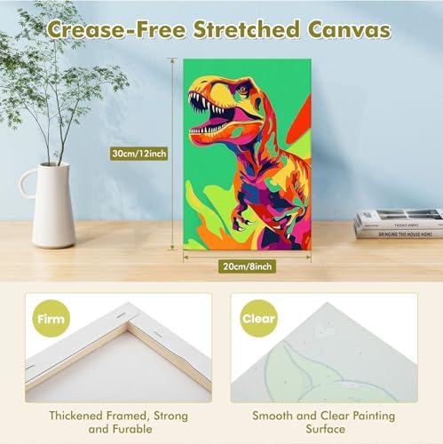 Bowetile Framed Cartoon Paint by Numbers for Kids Beginners, Dinosaur Paint by Numbers for Kids Ages 8-12, Kids Paint by Number Kits on Canvas, DIY Acrylic Number Painting for Home Decor, 8x12in