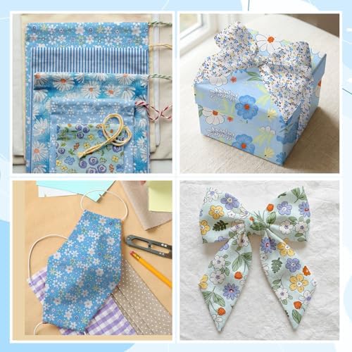 HunnmingRe 20 Pcs 10''x10'' Blue Flower Quilting Fabric Square Spring Floral Precuts Quilted Fabric Bundle Plaid Polka Dot Stripes Printed Sewing Material for Summer Patchwork DIY Craft Supplies