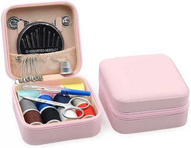 56 Pcs Portable Sewing Kit, Needle and Thread Kit with PU Leather Case, Basic Sewing Kit and Hand Seeing Kit with Scissors, Seam Ripper, Safety Pins for Travel Home Repairs(Pink)