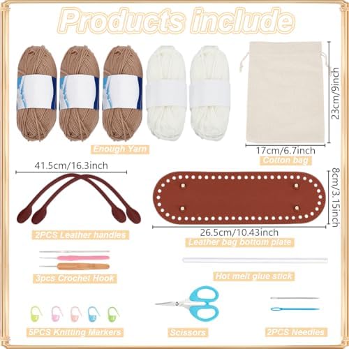 ORIGACH DIY Crochet Handbag Kit for Beginners, Khaki Striped Crochet Bag with PU Leather Band and Base, Complete Crochet Set to Make a Bag, Include Yarn, Crochet Hooks, Markers and Instruction