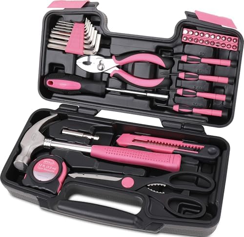 Apollo Tools Original 39 Piece General Household Tool Set in Toolbox Storage Case with Essential Hand Tools for Everyday Home Repairs, DIY and Crafts - Pink Ribbon - DT9706P
