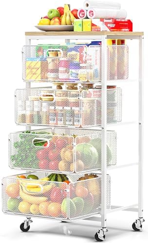 SUNALLY Kitchen Storage Cart with Drawers,Metal Snack Cart Organizer,White