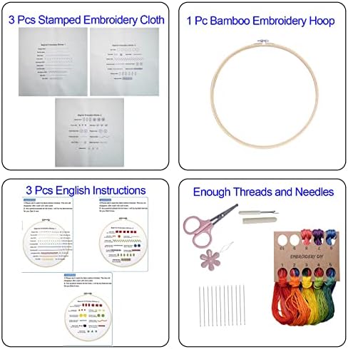 Bonroy Beginners Embroidery Practice kit 3 Sets to Learn 30 Different Stitches for Craft Lover Hand Stitch with Embroidery Fabric with Skill Techniques
