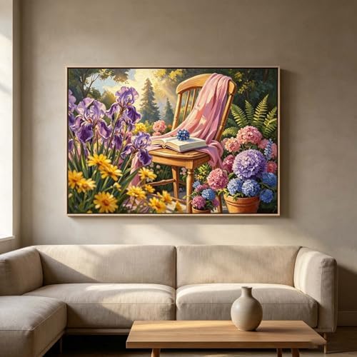Paint by Numbers Kit for Adults - Garden Chair with Iris Flowers, DIY Paint by Number for Adults, Oil Painting Style Canvas, Beginner Friendly Paint by Numbers Kit for Home Decor