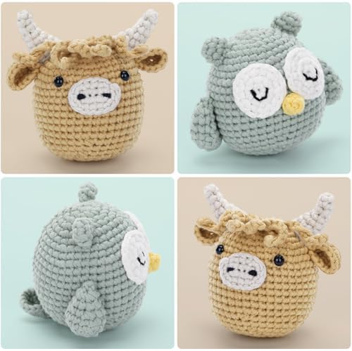 CrochetBox Crochet Kit for Beginner, Highland Cow and Owl Learn How to Crochet Stuffed Animals Gift for Adults and Teen(), Knitting Set with Yarn Hook Stitch-by-Stitch Video Tutorial