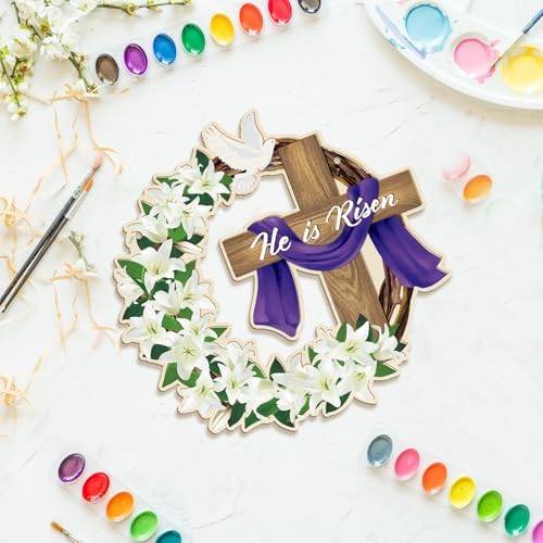 Large Size 12" Wooden Easter Ornaments to Paint, Wooden DIY Blank Unfinished Christian Religious Ornament Happy Easter Jesus He is Risen Door Sign Lily Cross Hanging Plaque Crafts Hanging Decorations