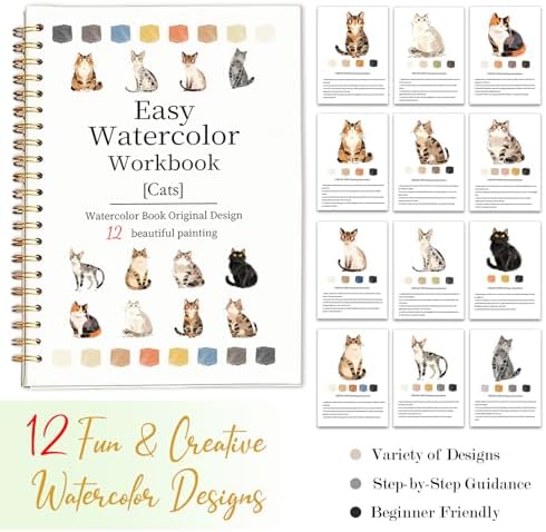 Easy Watercolor Workbook for Beginners - 12 Beautiful Step-by-Step Paintings Water Coloring Book, Includes 18 Colors Paints, Relaxing Art Projects and Creative Gift for Adults & Teen (Cats)
