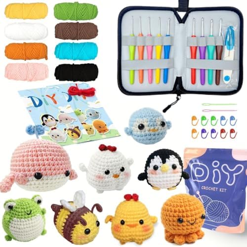 YAMAXIN Crochet Kit for Beginners with 9 Hooks (2.0–6.0mm), 8 Animal Patterns & Yarn – Learn to Crochet Starter Set with Tools & Case – Amigurumi DIY Craft Kit for Adults & Kids