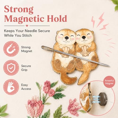 Needle Minder for Keeping Sewing & Embroidery Needles – Magnetic Needlepoint Holder, Cross Stitch Supplies – Secure & Decorative Needle Minders for Stitching & Crafting (Cute Otters)