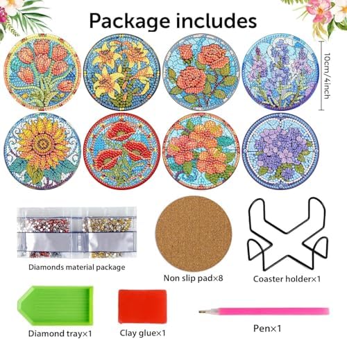 Meothan 8 Pcs Flowers Diamond Art Coasters Kit for Adults with Holder 4x4in