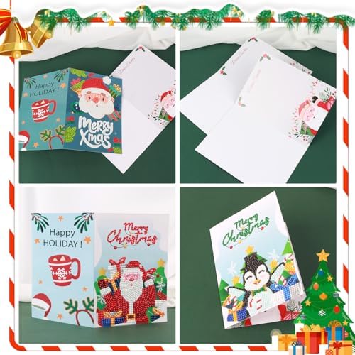 antor 6 Pack 5D Diamond Art Christmas Greeting Cards with Envelopes, DIY Paint with Diamonds Holiday Card Kits, Handmade Diamond Painting Cards Crafts Xmas Gift for Friends and Family